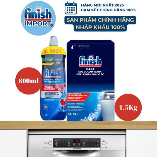 Combo trợ xả Finish tiết kiệm: Muối Finish 1,5kg (làm mềm nước) + Nước làm bóng Finish 800ml (hỗ trợ khô và làm bóng thủy tinh).